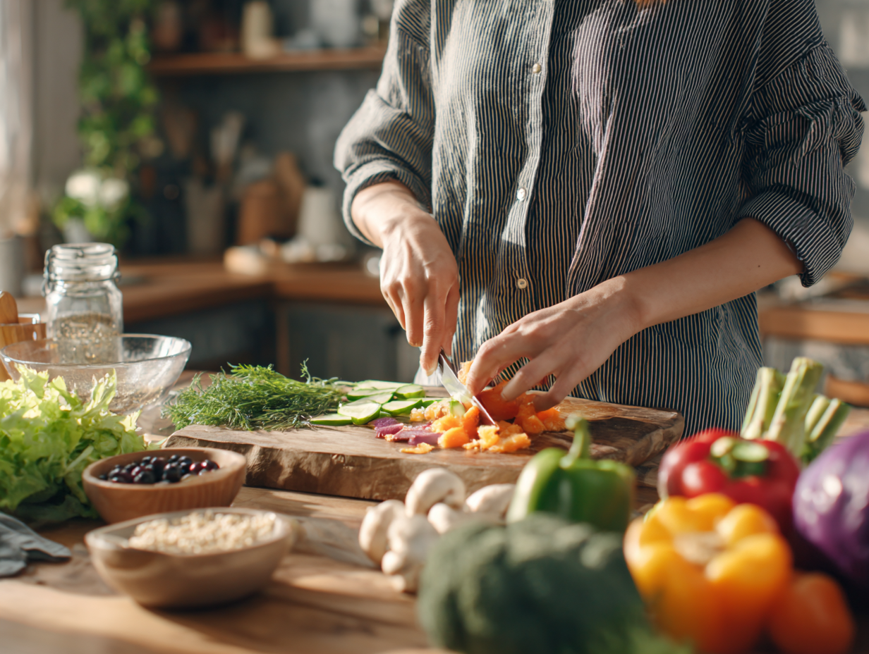 Різноманітні здорові страви та інгредієнти на столі